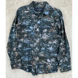 Pete Huntington Shirt Mens Medium Navy Palm Tree‎ Hawaiian 100% Cotton Tropical